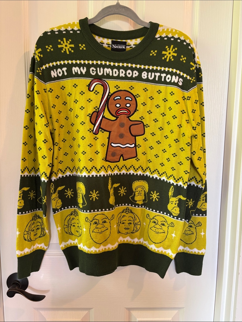 DreamWorks Men’s Yellow & Olive Shrek Gingerbread Crewneck Sweater